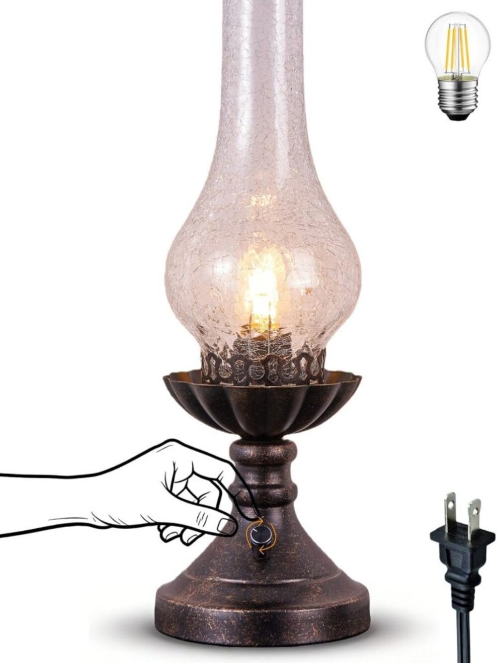 Vintage Crackled Glass Table Lamp | Small Antique Desk & Bedside Decor | Rustic